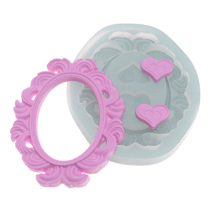 large ornamental frame with hearts silicone mold - cake topper