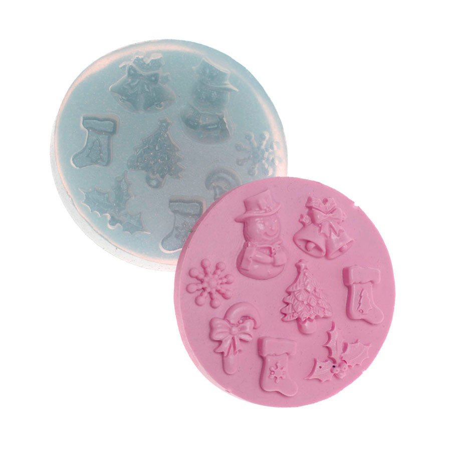 christmas set: snowman snowflake candy cane socks tree holly leaves silicone mold 8 pcs